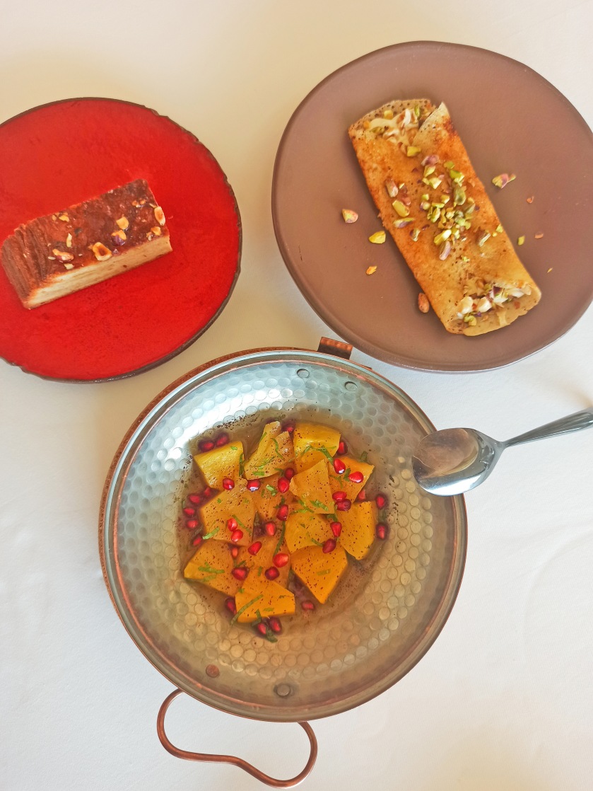 Pineapple with Mint and Saffron, Pistachio and Labneh Crepe, Hazelnut Cake